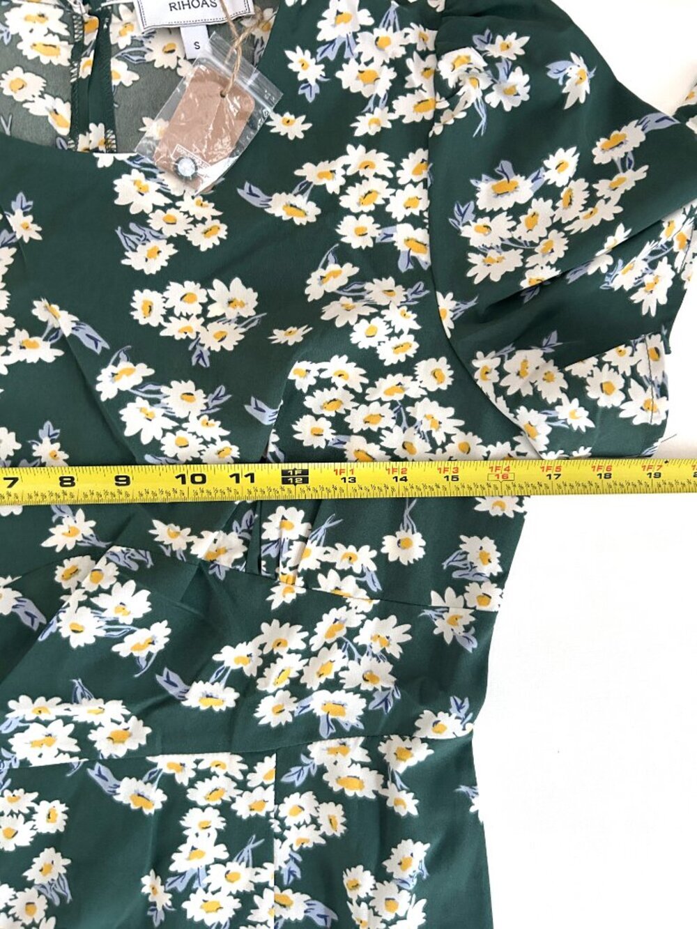 RIHOAS Green White Daisy Floral Midi Cottagecore Midi Dress Short Sleeve Size S - Picture 7 of 8